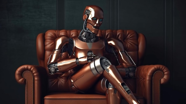 Генеративный AI Искусственный интеллект Концепция дизайна Роботизированный бизнесмен, сидящий на кожаном диване