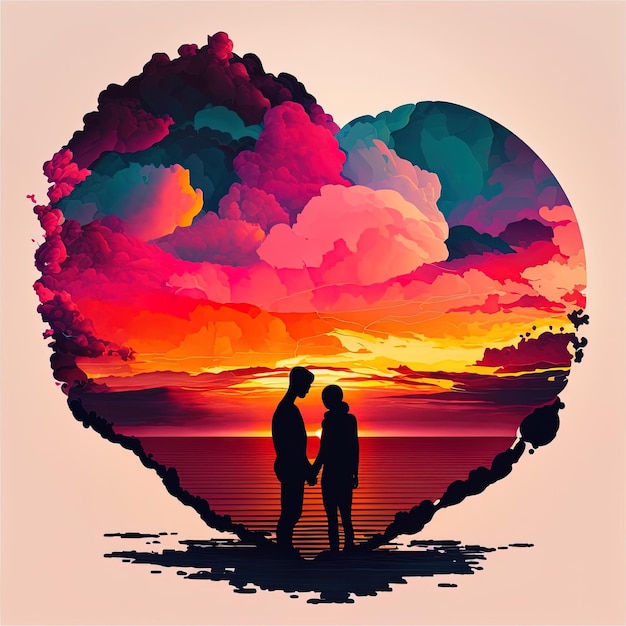 Generative AI an artwork of a couple standing on a cloud looking out at a beautiful sunset over the ocean The couple holding hands in front of cinematic sunset with heart shape cloud Valentine