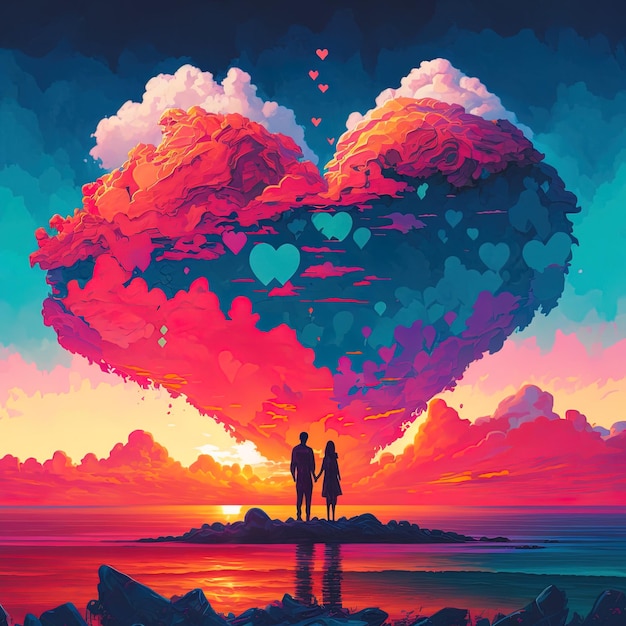 ジェネレーティブ AI カップルが雲の上に立ち、海に沈む美しい夕日を眺めるアートワーク 映画のような夕日の前で手をつないでいるカップルとハート型の雲 バレンタイン