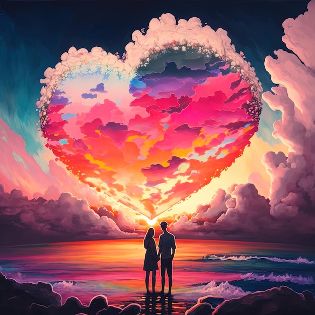 Generative AI an artwork of a couple standing on a cloud looking out at a beautiful sunset over the ocean The couple holding hands in front of cinematic sunset with heart shape cloud Valentine