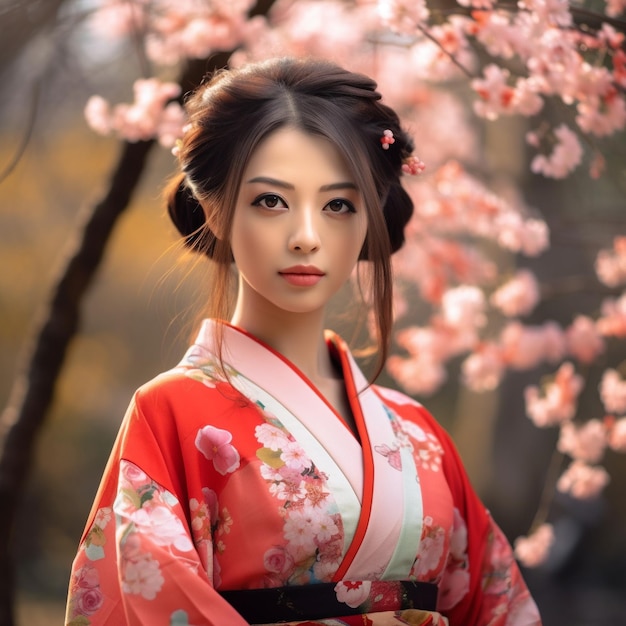 Foto generativo ai kimono tradizionale della ragazza asiatica e giardino della ciliegia