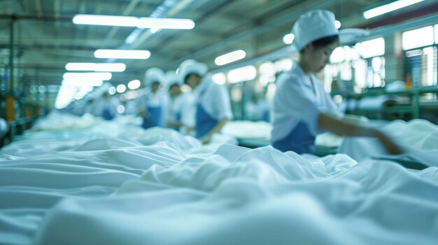 Фото Генеративный ии азиатская текстильная швейная фабрика с большим количеством рабочих