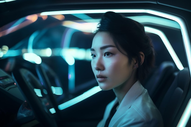 Generative ai asian woman sitting in self driving electric car