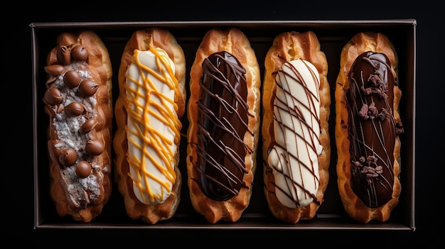 Generative AI Assortment of eclairs top view sweet food Traditional french dessert