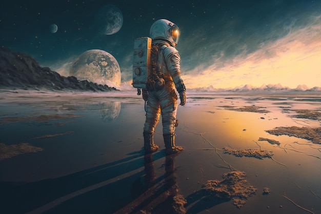 Generative ai astronaut exploring planet watching outer space