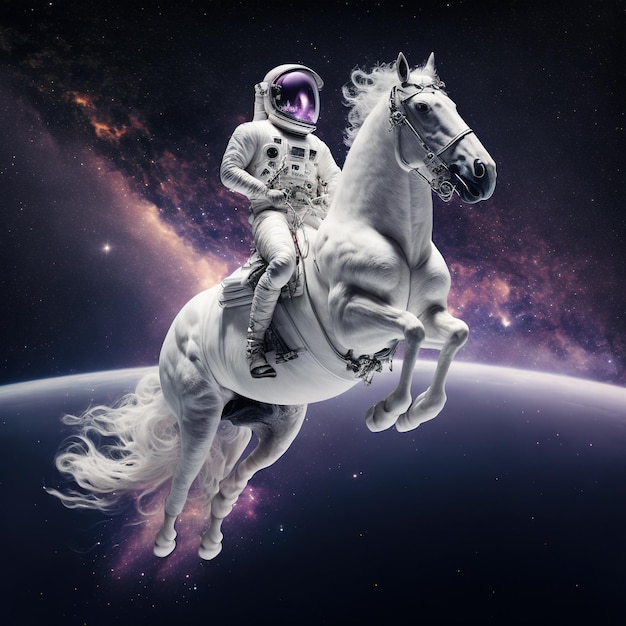 Generative ai astronaut riding horse animal in outer space cinematic style