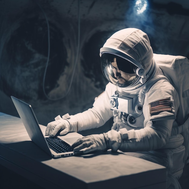 Photo generative ai astronaut wearing space suit working on laptop exploring new planet