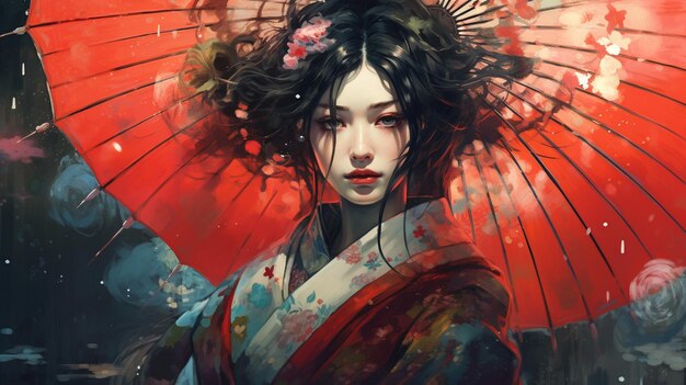 Generative ai Attractive geisha in black kimono with flowers