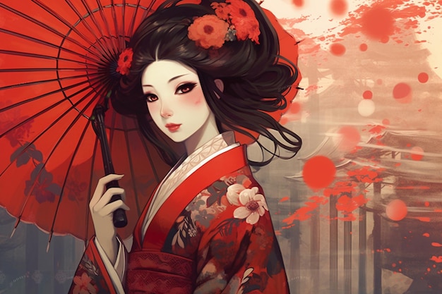 Generative ai Attractive geisha in black kimono with flowers