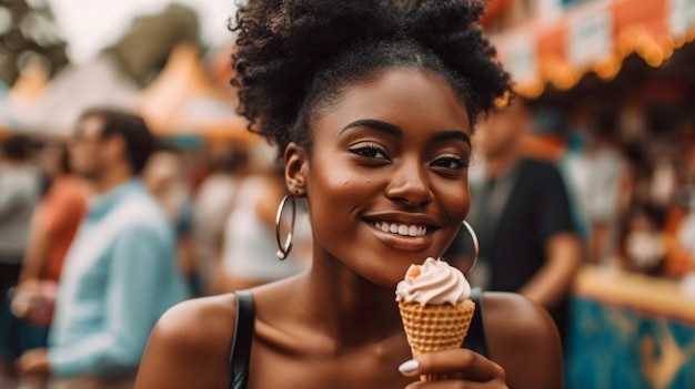 Generative AI attractive young black woman enjoying ice cream at a theme park