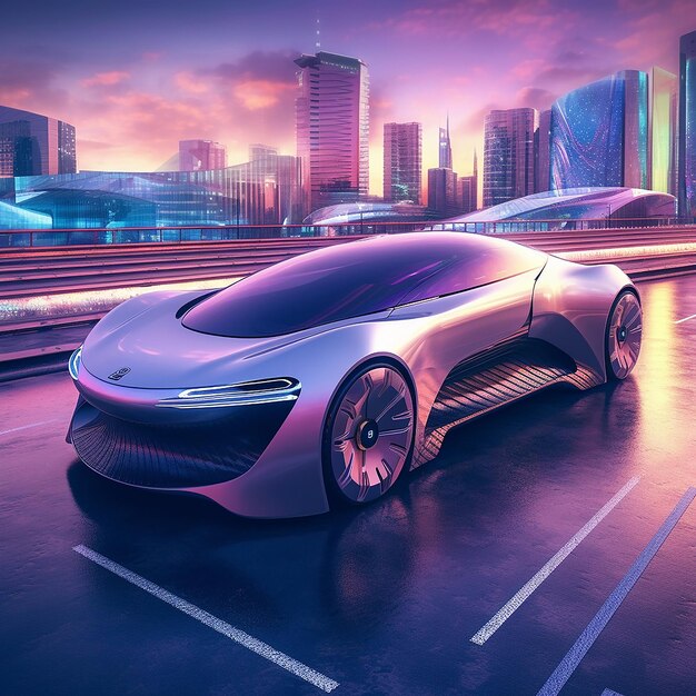 Generative AI autonomous futuristic supercar with impressive architectural buildings