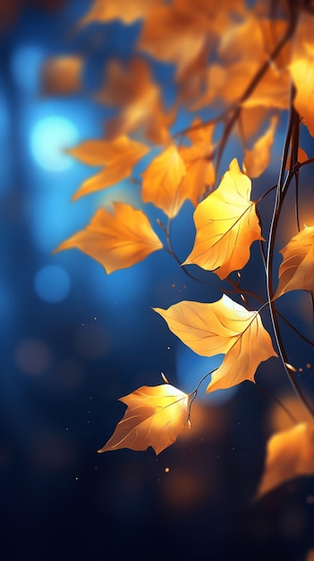 생성 AI 가을 잎 황금빛 나뭇잎이 떨어지는 조명 사진