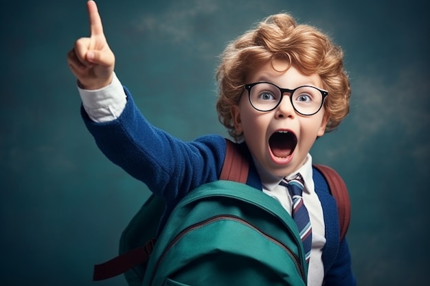 Generative AI Back to school Funny little boy in glasses pointing up on blackboard