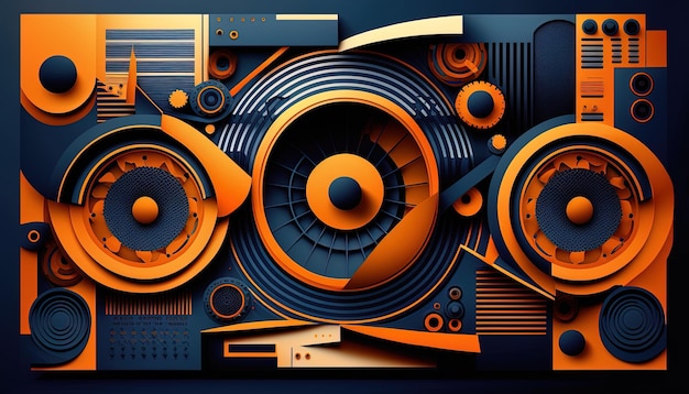 Generative AI Background banner Music and sound with some technology orange and dark blue colorGold music notes and treble clef on line wave of sound tune illustration template for music festival