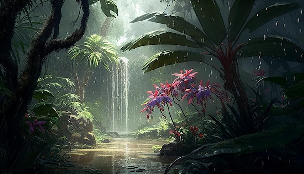 Generative AI background environment jungle flowers rain sun rays