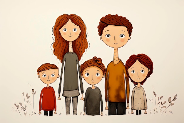 Generative AI background illustration of happy family with parents and children in minimalist illustration style Digital art