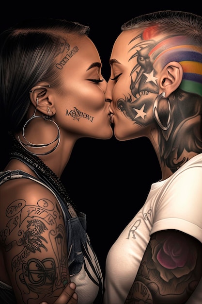 Generative AI background illustration of Happy lesbians one caucasian one black kissing for during pride gay