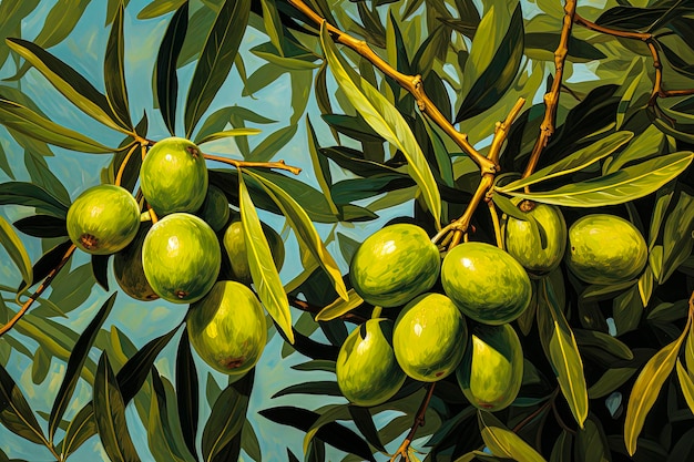 Генеративный AI Фоновая иллюстрация здоровых оливок на ветке дерева, подготовленных для производства оливкового масла Стиль иллюстрации Цифровое искусство