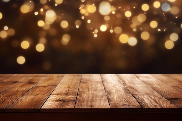 Generative AI background Image of wooden table in front of abstract blurred restaurant lights