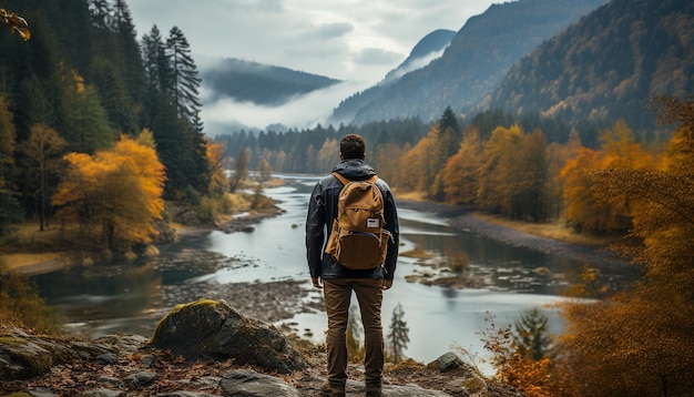 Generative AI backpacker in autumn landscape traveler man tourist with backpack hiking in mountains