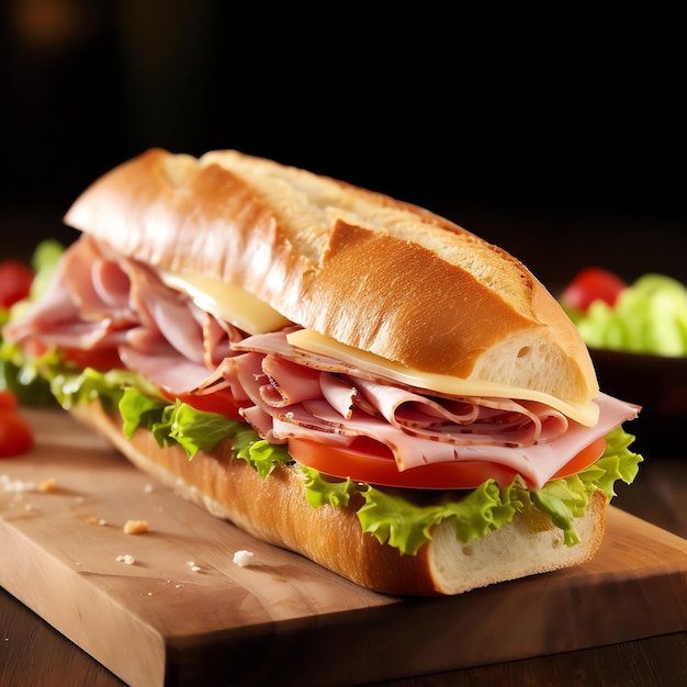 Photo generative ai baguette ham sandwich with cheese artfully captured in watercolor splash