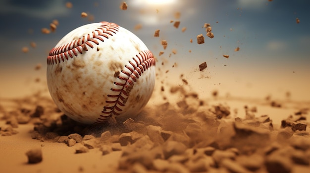 Generative ai baseball ball in dry sand explosion on the pitchers mound