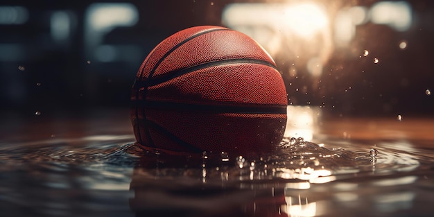 Generative AI Basketball ball on the court with water splash and sunlight closeup photo