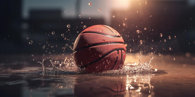 Генеративный AI Баскетбольный мяч на площадке с брызгами воды и солнечным светом крупным планом