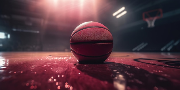 Генеративный AI Баскетбольный мяч на площадке с брызгами воды и солнечным светом крупным планом