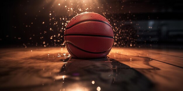 Фото Генеративный ai баскетбольный мяч на площадке с брызгами воды и солнечным светом крупным планом