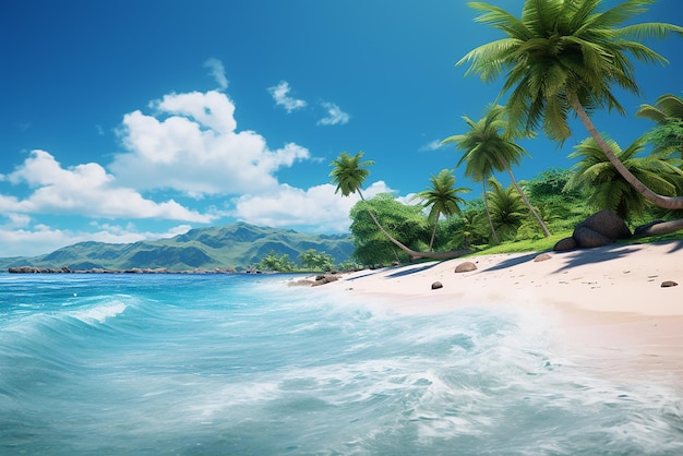 Generative AI the beach of a tropical island full of sand and palm trees