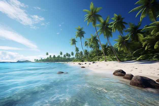 Пляж тропического острова, полного песка и пальмовых деревьев.