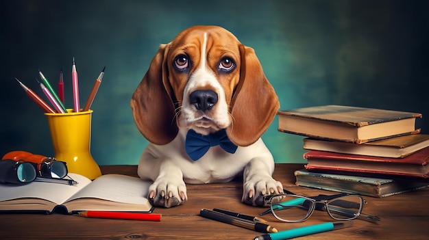 Generative AI A beagle dog with round glasses is lying on a desk with school supplies Back to sch