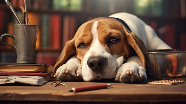 Generative AI A beagle dog with round glasses is lying on a desk with school supplies Back to sch