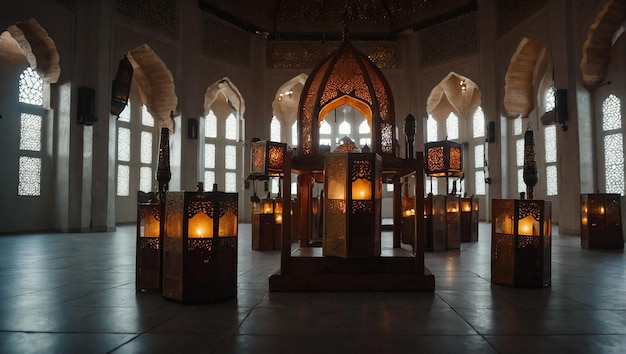 Фото Прекрасный арабский винтажный фонарь освещает свой свет исламский праздник