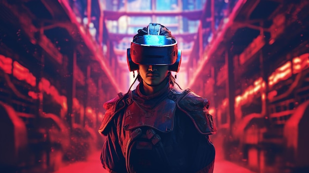 Generative AI beautiful asian person in samurai suit in VR glasses in neon space street