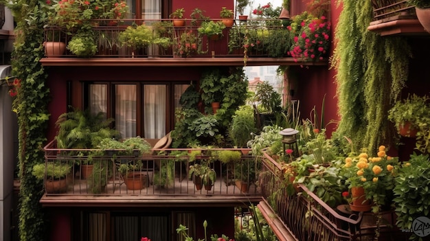 Generative AI beautiful balcony surrounded by a tropical style garden blooming flowers