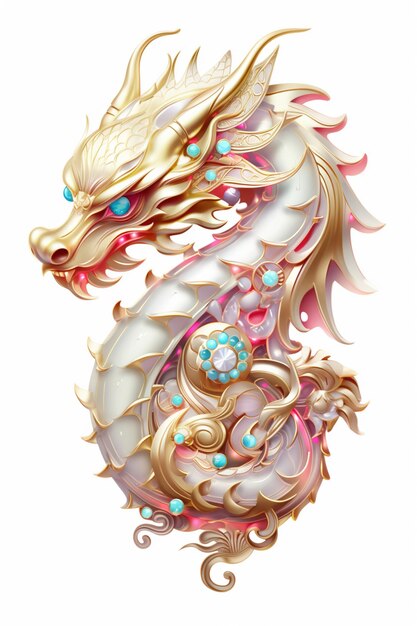 Generative AI beautiful colorful dragon brooch opal stone and golden color palette