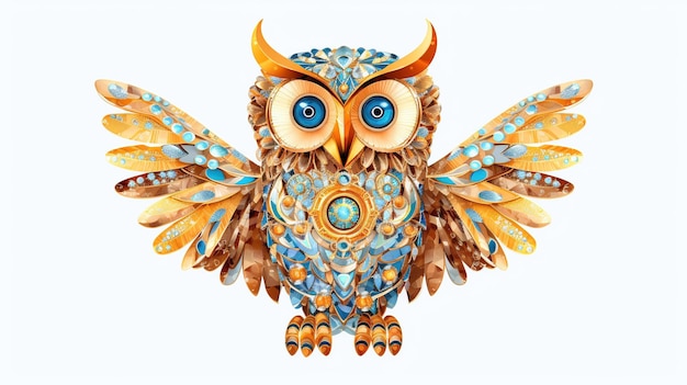 Generative AI beautiful colorful owl brooch opal stone and golden color palette isolated on white background Bijouterie jewelry close up