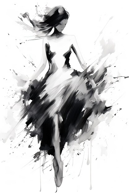 Generative AI Beautiful dancing woman drawn by black ink or watercolor