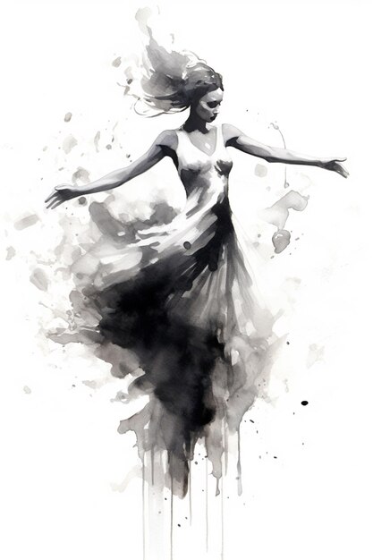 Generative AI Beautiful dancing woman drawn by black ink or watercolor