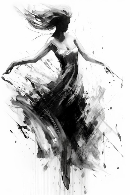 Generative AI Beautiful dancing woman drawn by black ink or watercolor