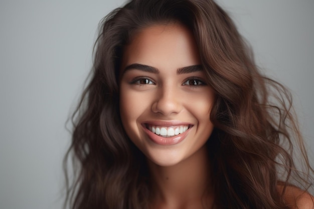 Generative AI beautiful face a healthy girl smiling on a gray background