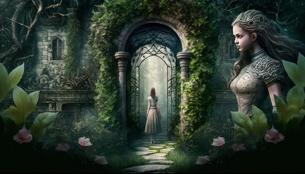 Generative AI of a beautiful girl in a fantasy garden Fantasy