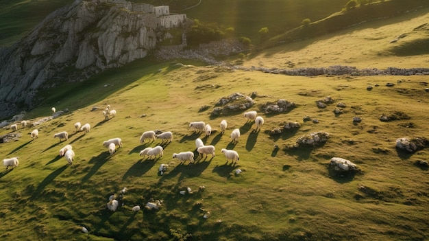 麗な緑の山の風景で 羊の群れが 茂った草の上で放牧しています