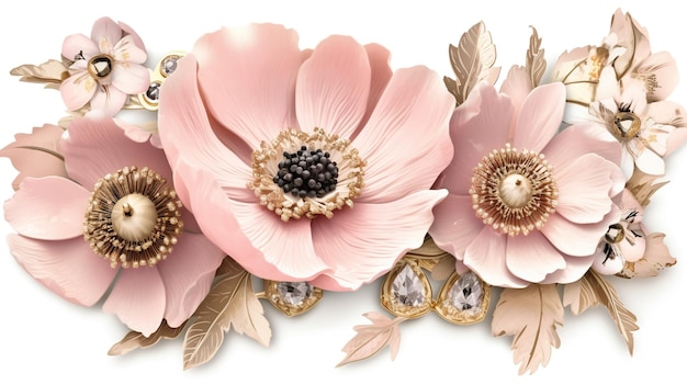 Generative AI beautiful light pink flowers brooch opal stone and golden color palette
