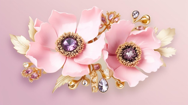 Generative AI beautiful light pink flowers brooch opal stone and golden color palette