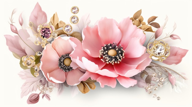 Generative AI beautiful light pink flowers brooch opal stone and golden color palette