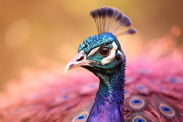 Generative AI beautiful portrait of a male peacock peacock peafowl on sunny blurred pink bokeh