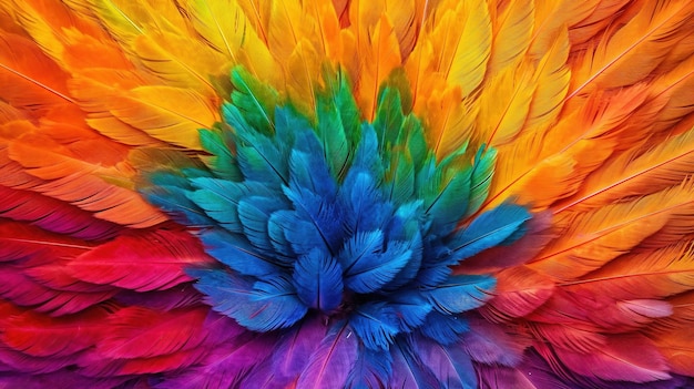 Generative AI Beautiful rainbow colorful closeup feathers photorealistic background top view aerial view Small fluffy inspired by Andreas Gursky and Andy Goldsworthy